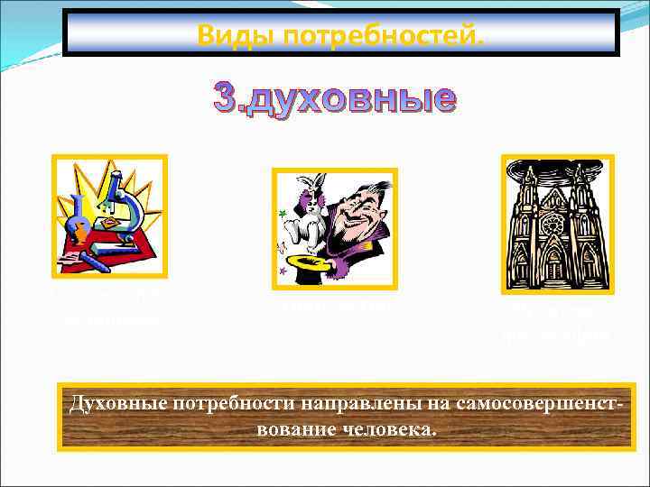 Виды потребностей. Стремление к знанию Творчество Религия, философия Духовные потребности направлены на самосовершенствование человека.