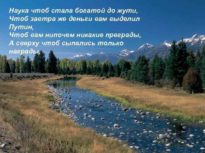 Наука чтоб стала богатой до жути, Чтоб завтра же деньги вам выделил Путин, Чтоб