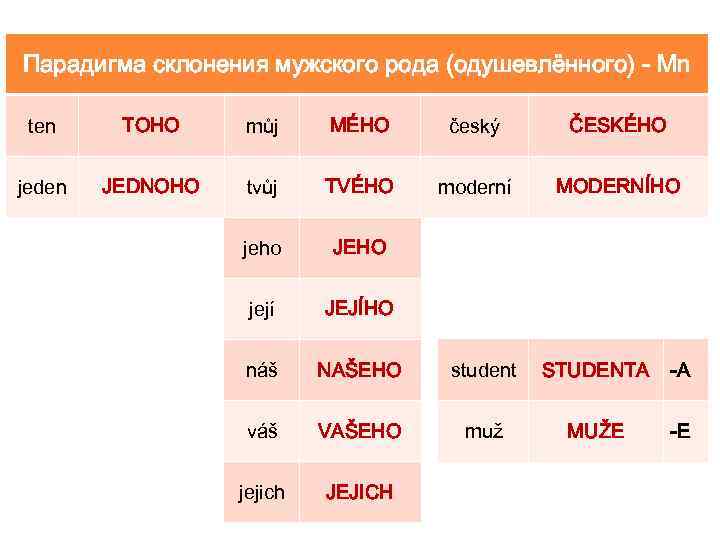 Парадигма склонения мужского рода (одушевлённого) - Mn ten TOHO můj MÉHO český ČESKÉHO jeden