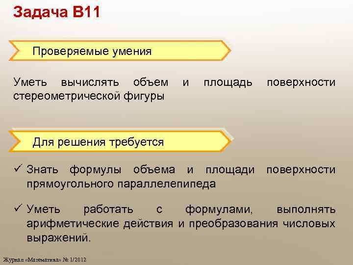 Задача В 11 Проверяемые умения Уметь вычислять объем стереометрической фигуры и площадь поверхности Для