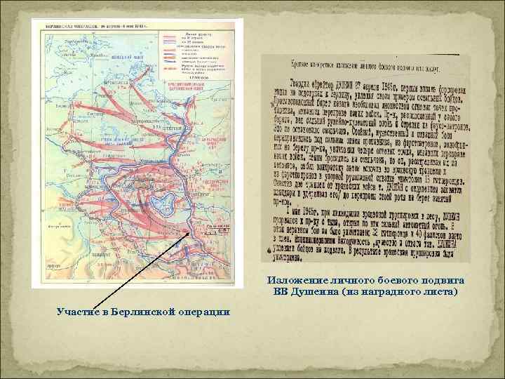 Изложение личного боевого подвига ВВ Душеина (из наградного листа) Участие в Берлинской операции 