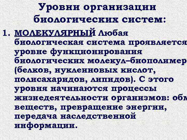  Уровни организации биологических систем: 1. МОЛЕКУЛЯРНЫЙ Любая . биологическая система проявляется уровне функционирования