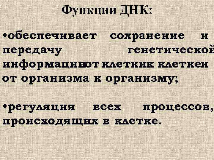 Функции ДНК: • обеспечивает сохранение и передачу генетической информацииот клеткик клеткеи от организма к