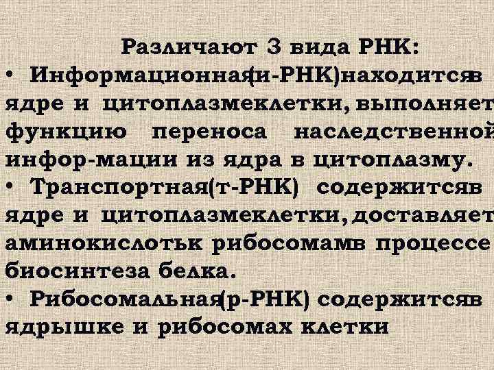 Различают 3 вида РНК: • Информационная (и-РНК)находится в ядре и цитоплазмеклетки, выполняет функцию переноса