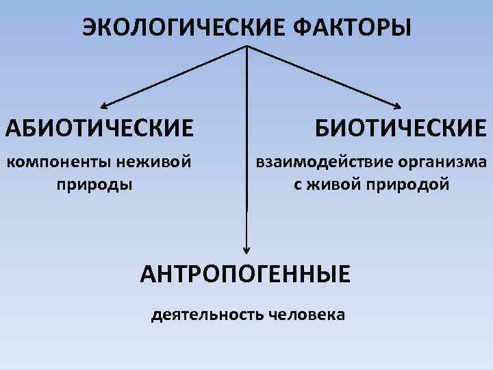 ЭКОЛОГИЧЕСКИЕ ФАКТОРЫ АБИОТИЧЕСКИЕ компоненты неживой природы взаимодействие организма с живой природой АНТРОПОГЕННЫЕ деятельность человека