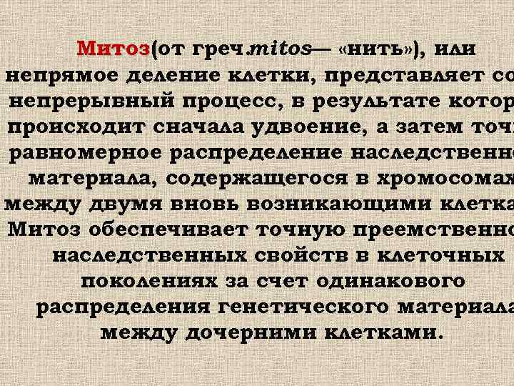  Митоз (от греч. mitos— «нить» ), или непрямое деление клетки, представляет со непрерывный