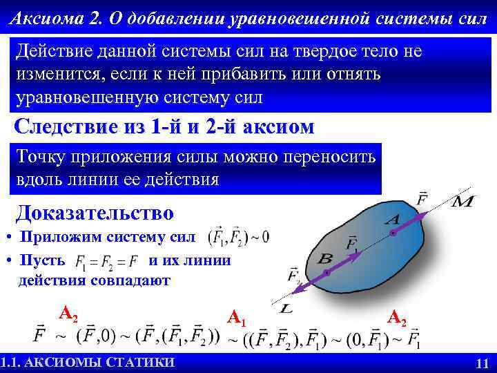 Аксиома 2. О добавлении уравновешенной системы сил Действие данной системы сил на твердое тело