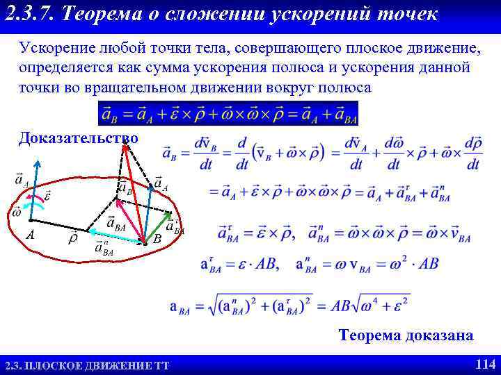 2. 3. 7. Теорема о сложении ускорений точек Ускорение любой точки тела, совершающего плоское
