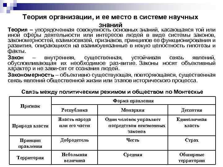 Теория организации, и ее место в системе научных знаний Теория – упорядоченная совокупность основных