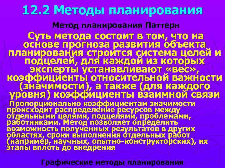 12. 2 Методы планирования Метод планирования Паттерн Суть метода состоит в том, что на