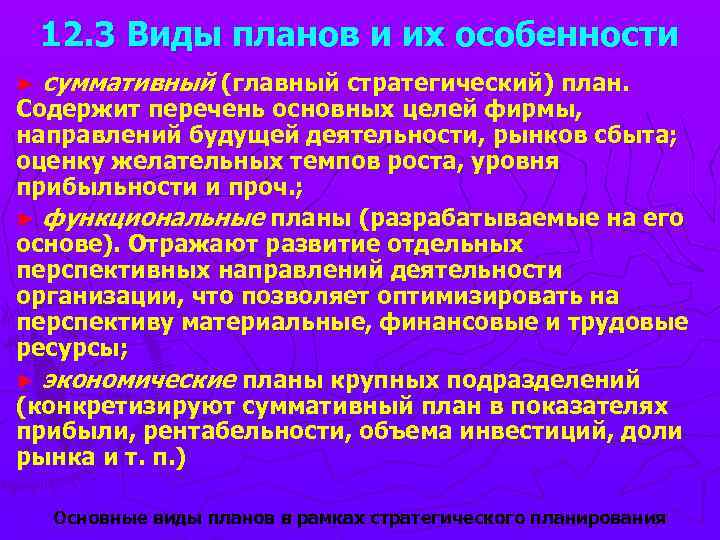 12. 3 Виды планов и их особенности ► суммативный (главный стратегический) план. Содержит перечень