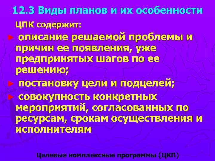 12. 3 Виды планов и их особенности ЦПК содержит: описание решаемой проблемы и причин