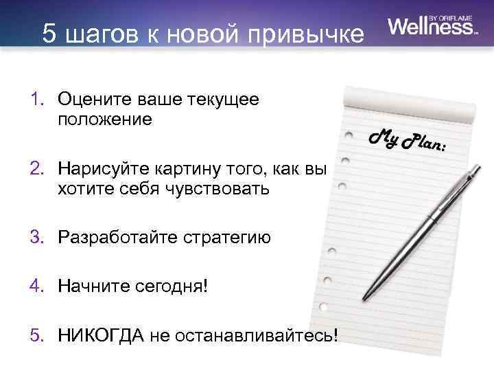 5 шагов к новой привычке 1. Оцените ваше текущее положение 2. Нарисуйте картину того,