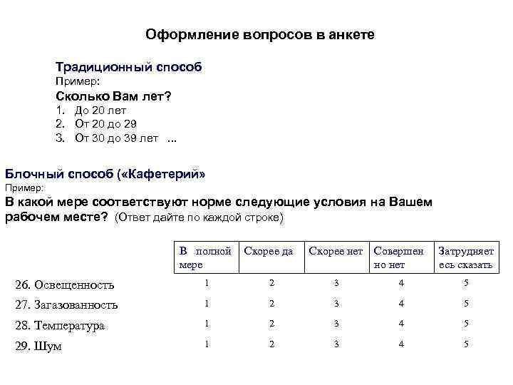 Оформление вопросов в анкете Традиционный способ Пример: Сколько Вам лет? 1. До 20 лет