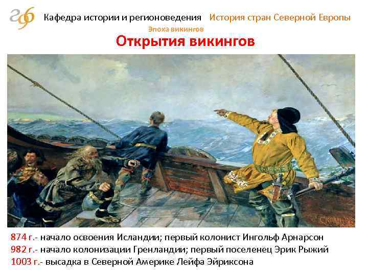 Кафедра истории и регионоведения История стран Северной Европы Эпоха викингов Открытия викингов 874 г.