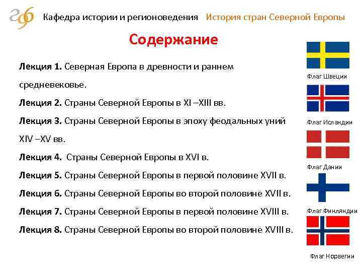Кафедра истории и регионоведения История стран Северной Европы Содержание Лекция 1. Северная Европа в
