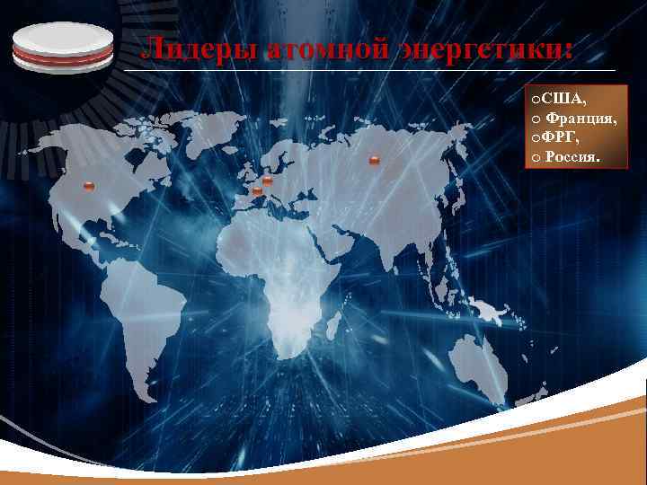 LOGO Лидеры атомной энергетики: o. США, o Франция, o. ФРГ, o Россия. 