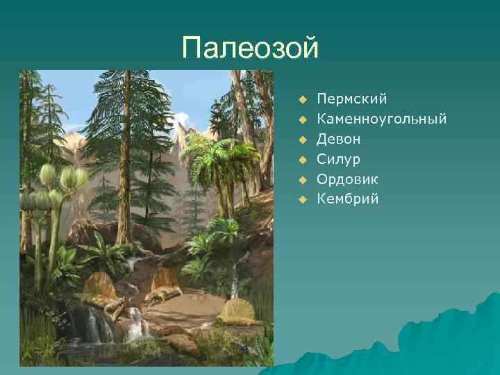 Палеозой u u u Пермский Каменноугольный Девон Силур Ордовик Кембрий 