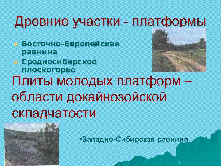 Древние участки - платформы u u Восточно-Европейская равнина Среднесибирское плоскогорье Плиты молодых платформ –