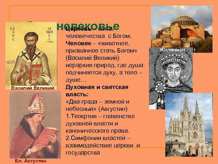 Средневековье Церковь – связь Василий Великий Бл. Августин человечества с Богом. Человек – «животное,