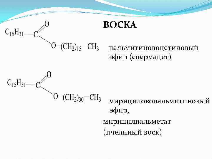 ВОСКА пальмитиновоцетиловый эфир (спермацет) мирициловопальмитиновый эфир, мирицилпальметат (пчелиный воск) 