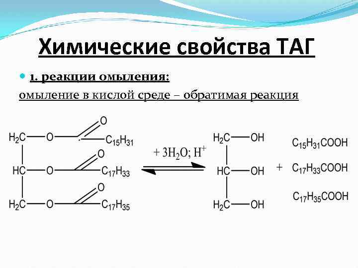 Химические свойства ТАГ 1. реакции омыления: омыление в кислой среде – обратимая реакция 