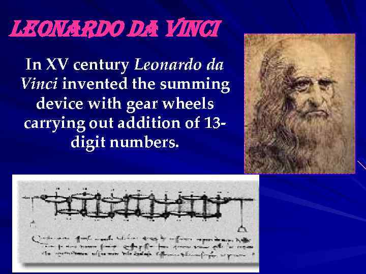 leonardo da Vinci In XV century Leonardo da Vinci invented the summing device with