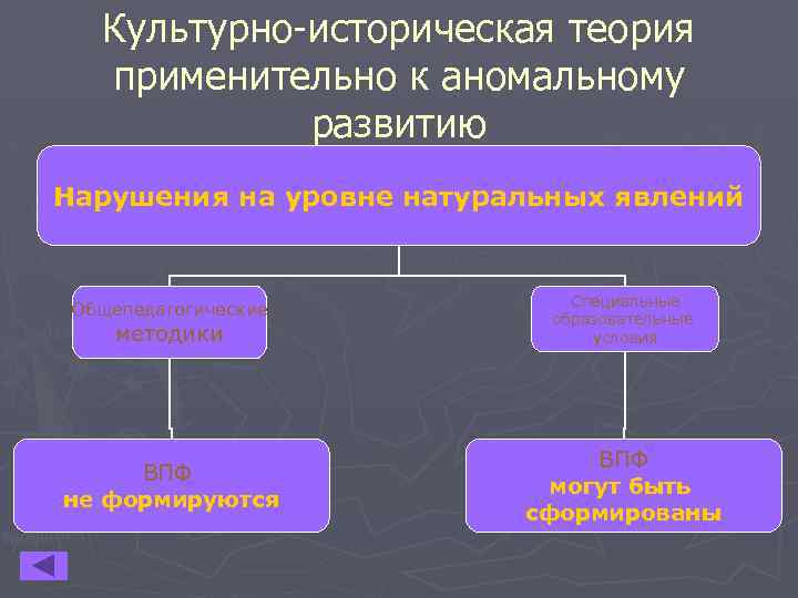  Культурно-историческая теория применительно к аномальному развитию Нарушения на уровне натуральных явлений Специальные Общепедагогические