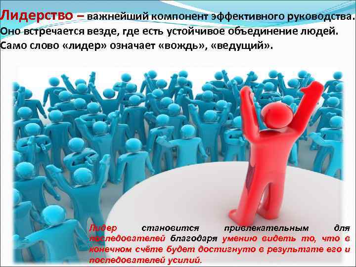 Лидерство – важнейший компонент эффективного руководства. Оно встречается везде, где есть устойчивое объединение людей.
