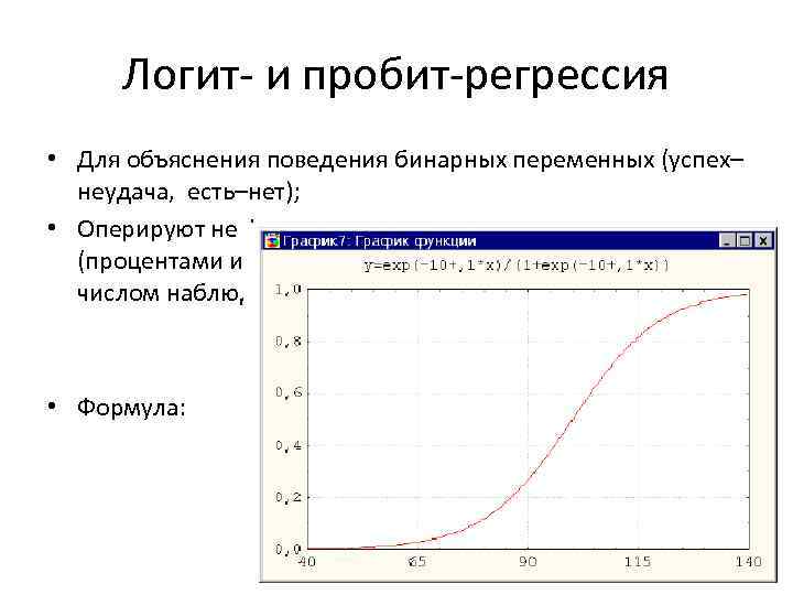 Логит- и пробит-регрессия • Для объяснения поведения бинарных переменных (успех– неудача, есть–нет); • Оперируют