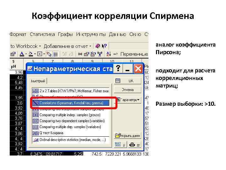 Коэффициент корреляции Спирмена аналог коэффициента Пирсона; подходит для расчета корреляционных матриц; Размер выборки: >10.