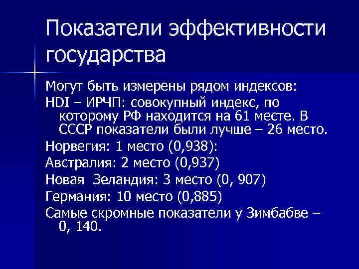 Показатели эффективности государства Могут быть измерены рядом индексов: HDI – ИРЧП: совокупный индекс, по