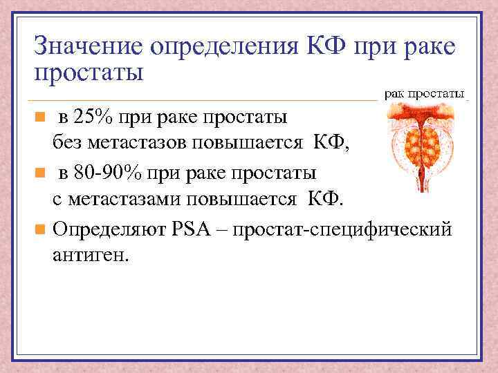 Значение определения КФ при раке простаты в 25% при раке простаты без метастазов повышается