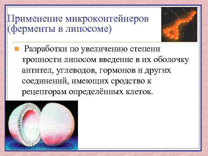 Применение микроконтейнеров (ферменты в липосоме) n Разработки по увеличению степени тропности липосом введение в