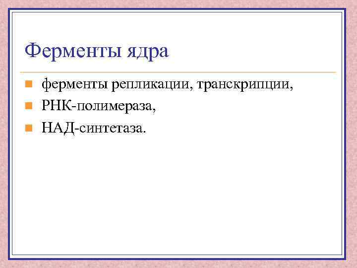 Ферменты ядра n n n ферменты репликации, транскрипции, РНК-полимераза, НАД-синтетаза. 