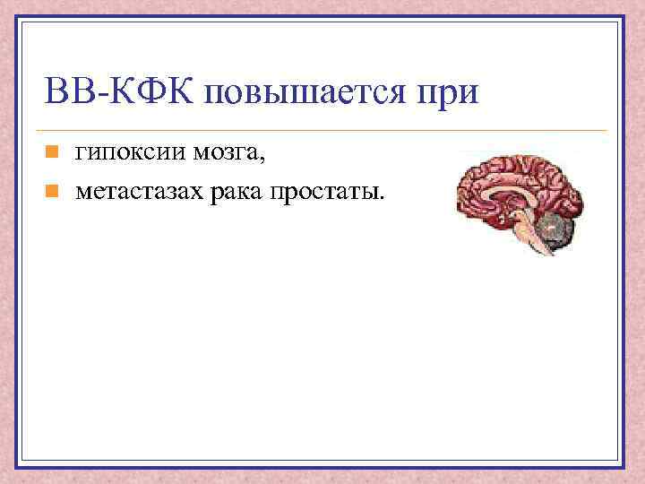 ВВ-КФК повышается при n n гипоксии мозга, метастазах рака простаты. 