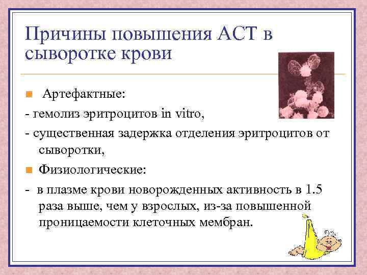 Причины повышения АСТ в сыворотке крови Артефактные: - гемолиз эритроцитов in vitro, - существенная