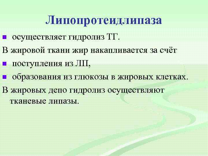 Липопротеидлипаза осуществляет гидролиз ТГ. В жировой ткани жир накапливается за счёт n поступления из
