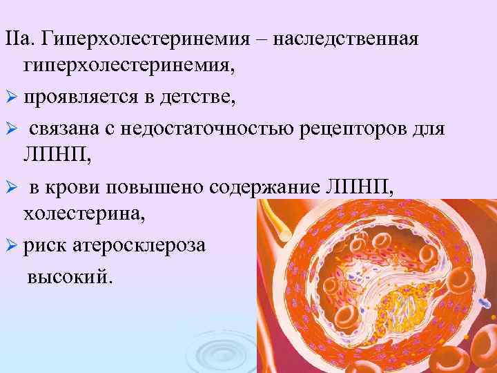 IIа. Гиперхолестеринемия – наследственная гиперхолестеринемия, Ø проявляется в детстве, Ø связана с недостаточностью рецепторов