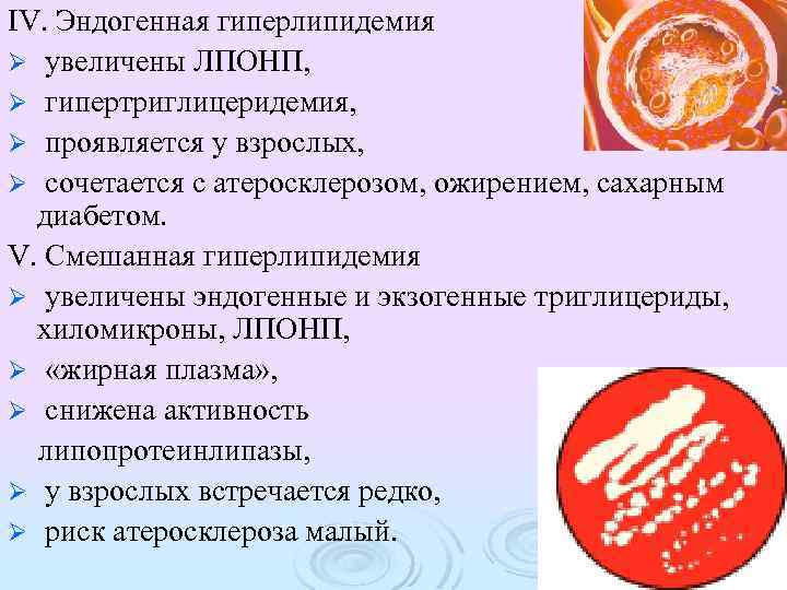 IV. Эндогенная гиперлипидемия Ø увеличены ЛПОНП, Ø гипертриглицеридемия, Ø проявляется у взрослых, Ø сочетается