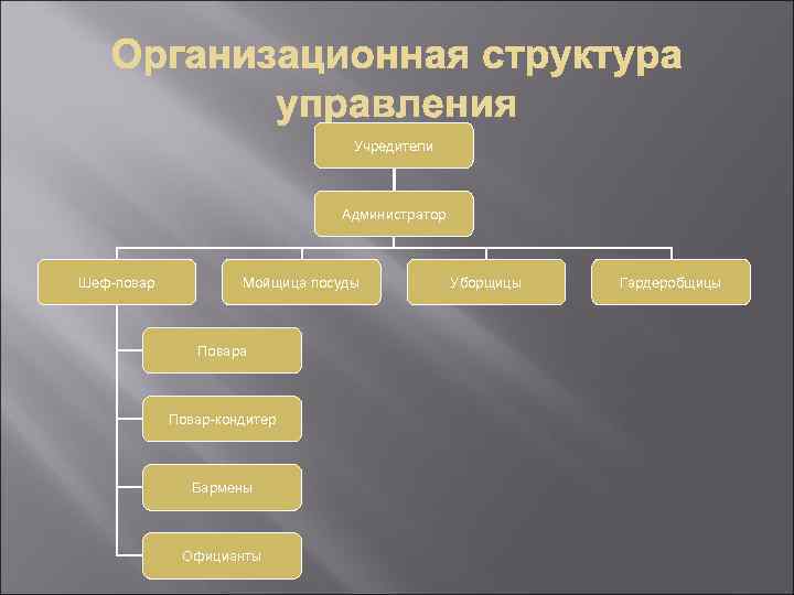 Учредители Администратор Шеф-повар Мойщица посуды Повара Повар-кондитер Бармены Официанты Уборщицы Гардеробщицы 
