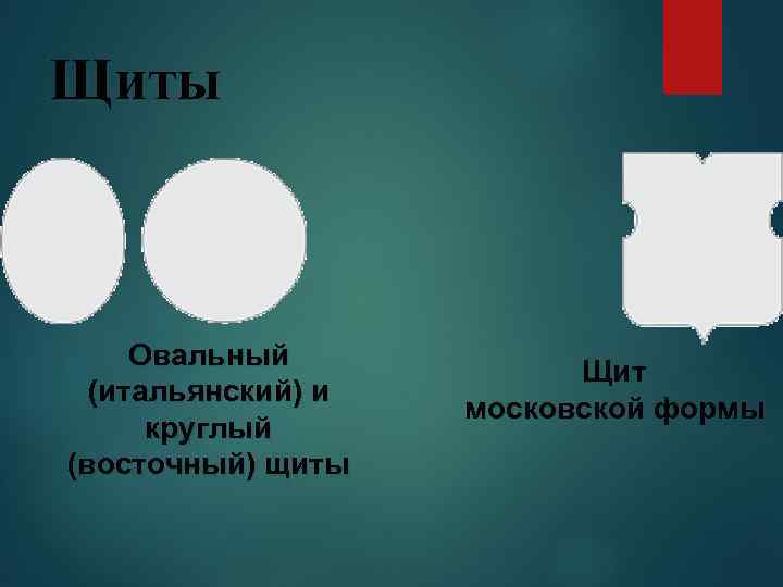 Щиты Овальный (итальянский) и круглый (восточный) щиты Щит московской формы 
