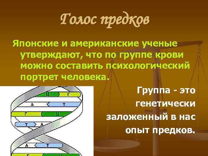 Голос предков Японские и американские ученые утверждают, что по группе крови можно составить психологический