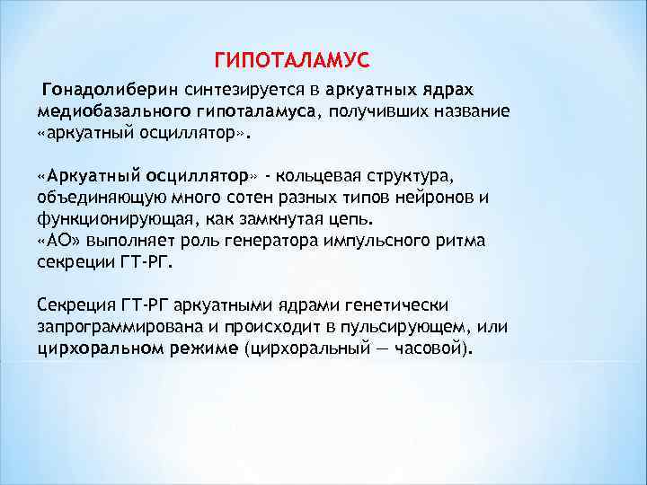  ГИПОТАЛАМУС Гонадолиберин синтезируется в аркуатных ядрах медиобазального гипоталамуса, получивших название «аркуатный осциллятор» .