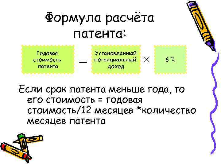 Формула расчёта патента: Годовая стоимость патента Установленный потенциальный доход 6% Если срок патента меньше
