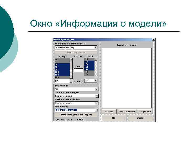 Окно «Информация о модели» 