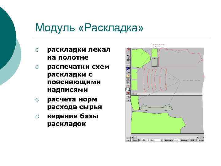 Модуль «Раскладка» ¡ ¡ раскладки лекал на полотне распечатки схем раскладки с поясняющими надписями