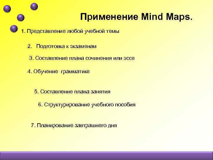 Применение Mind Maps. 1. Представление любой учебной темы 2. Подготовка к экзаменам 3. Составление