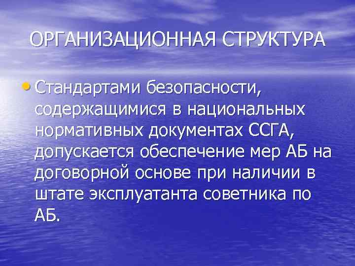 ОРГАНИЗАЦИОННАЯ СТРУКТУРА • Стандартами безопасности, содержащимися в национальных нормативных документах ССГА, допускается обеспечение мер