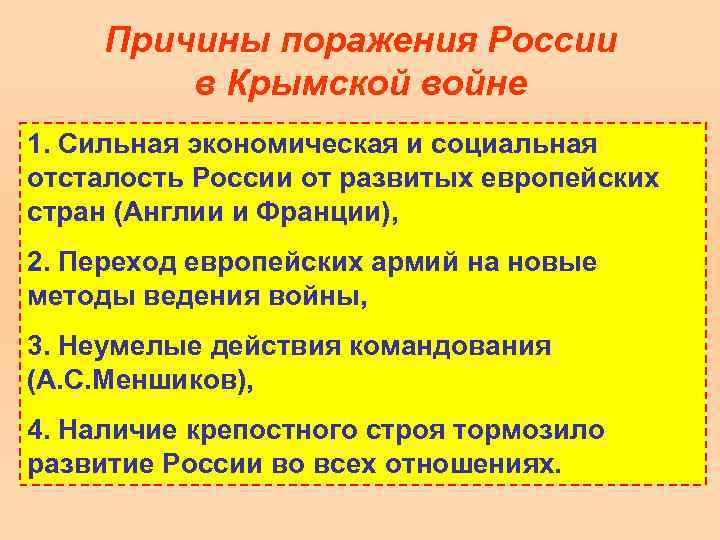 Причины поражения России в Крымской войне 1. Сильная экономическая и социальная отсталость России от